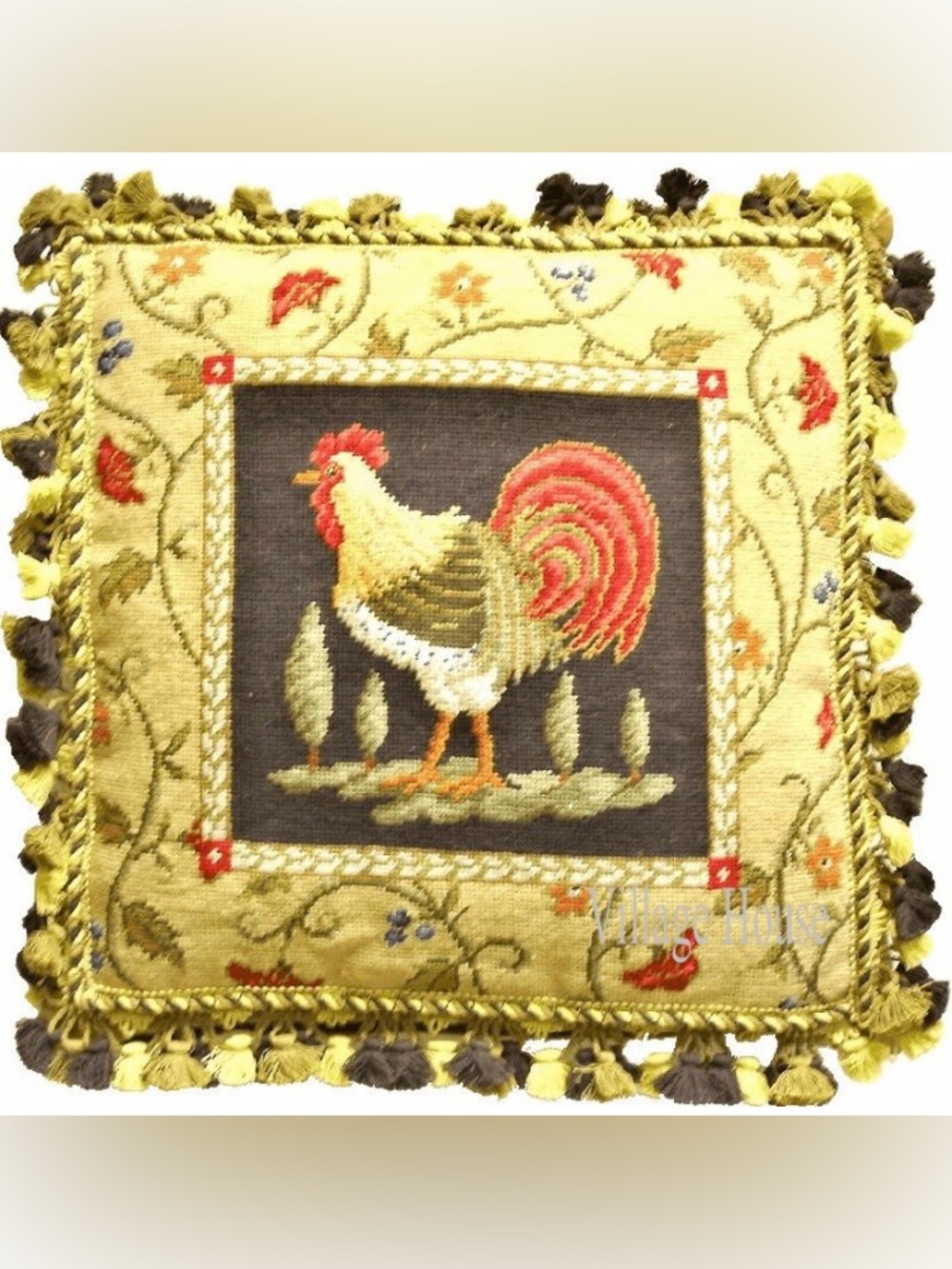 Rooster Needlepoint Throw Pillow in Beige, Brown, Red with down insert